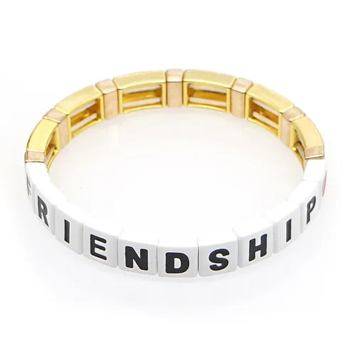 "FRIENDSHIP" Tile Enamel Bracelet - White/Gold - Pink Waters 