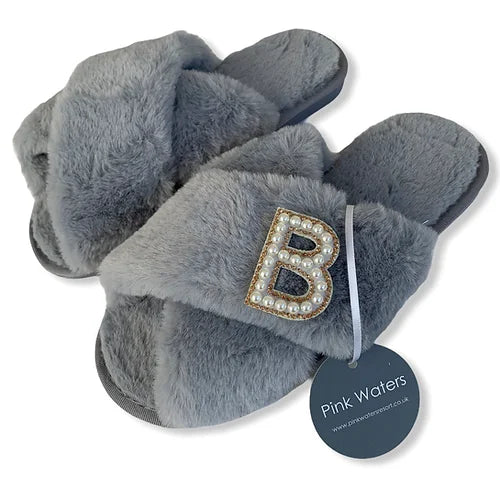 Fluffy Personalised Slippers - Grey - Pink Waters 