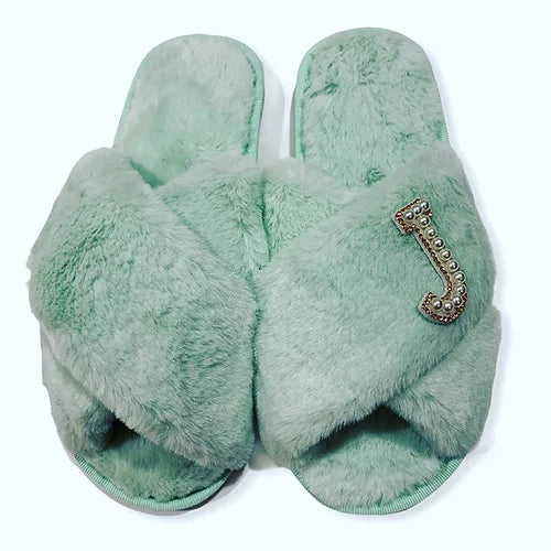 Fluffy Personalised Slippers - Mint - Pink Waters 