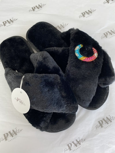 Fluffy Personalised Slippers - Black - Pink Waters 