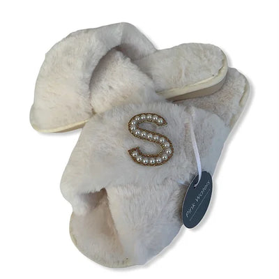 Fluffy Personalised Slippers - White - Pink Waters 