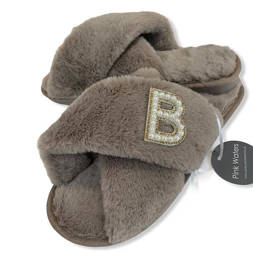 Fluffy Personalised Slippers - Taupe - Pink Waters 