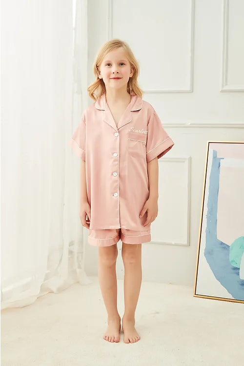 Personalised Kids Dusky Pink'Portia' Satin Pyjamas - Pink Waters 