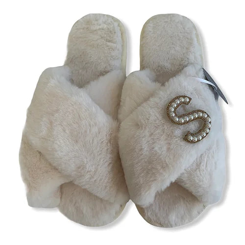 Fluffy Personalised Slippers - White - Pink Waters 