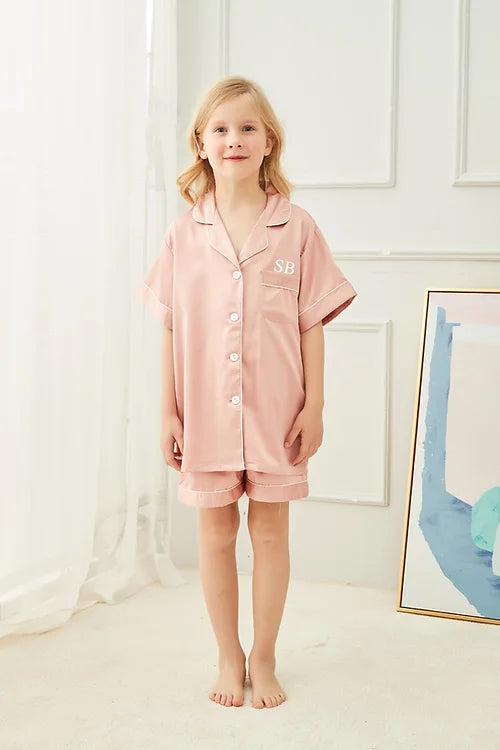 Personalised Kids Dusky Pink'Portia' Satin Pyjamas - Pink Waters 