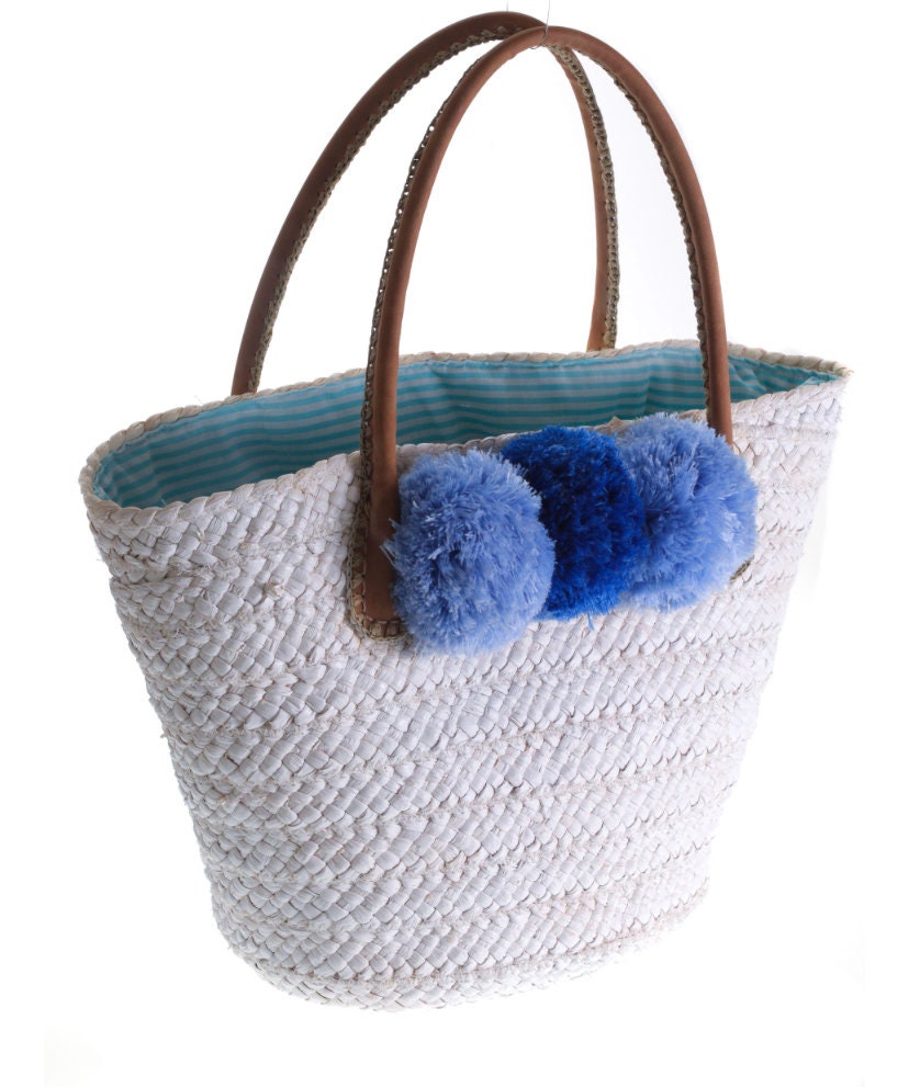 Straw Beach Basket, outlets Basket Bag, Lined, Pom Poms - Pink or Blue