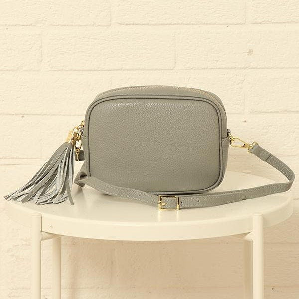 The 'Stella' Leather Crossbody Bag with Tassel - Pastel Pink/Blue/Grey - Pink Waters 