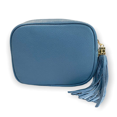 The 'Stella' Leather Crossbody Bag with Tassel - Pink/Blue/Grey - Pink Waters 