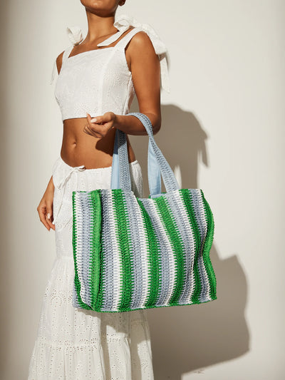 Straw Woven Shoulder Tote Bag in Green & Blue