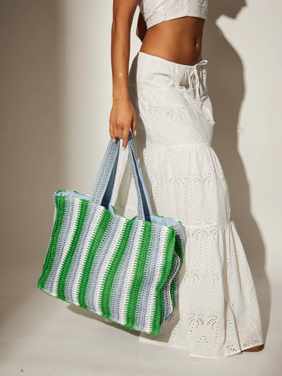 Straw Woven Shoulder Tote Bag in Green & Blue