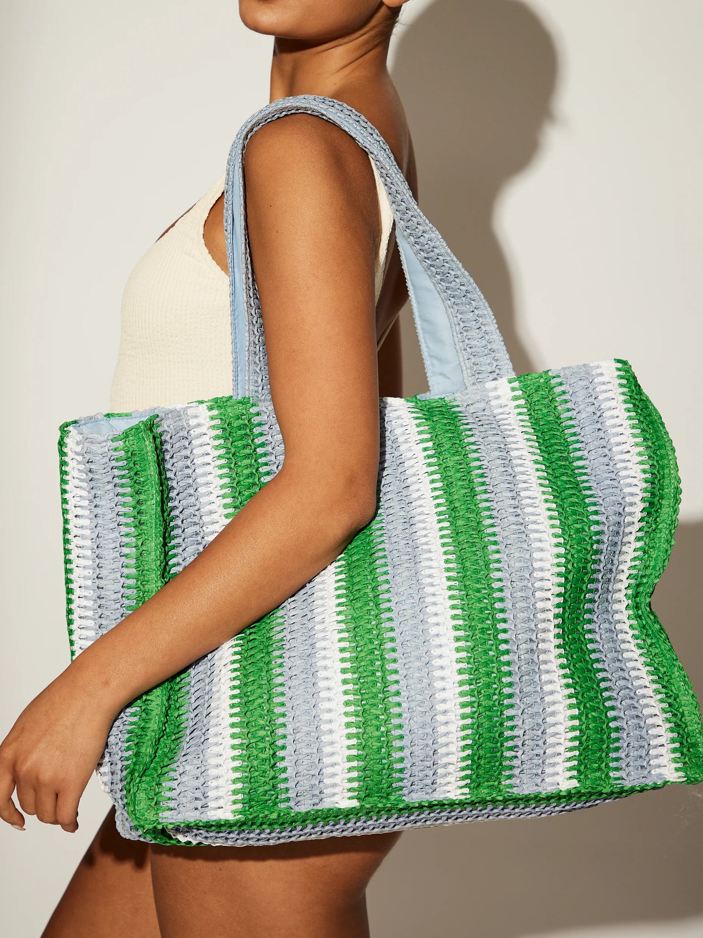 Straw Woven Shoulder Tote Bag in Green & Blue