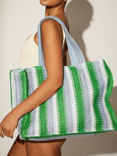 Straw Woven Shoulder Tote Bag in Green & Blue
