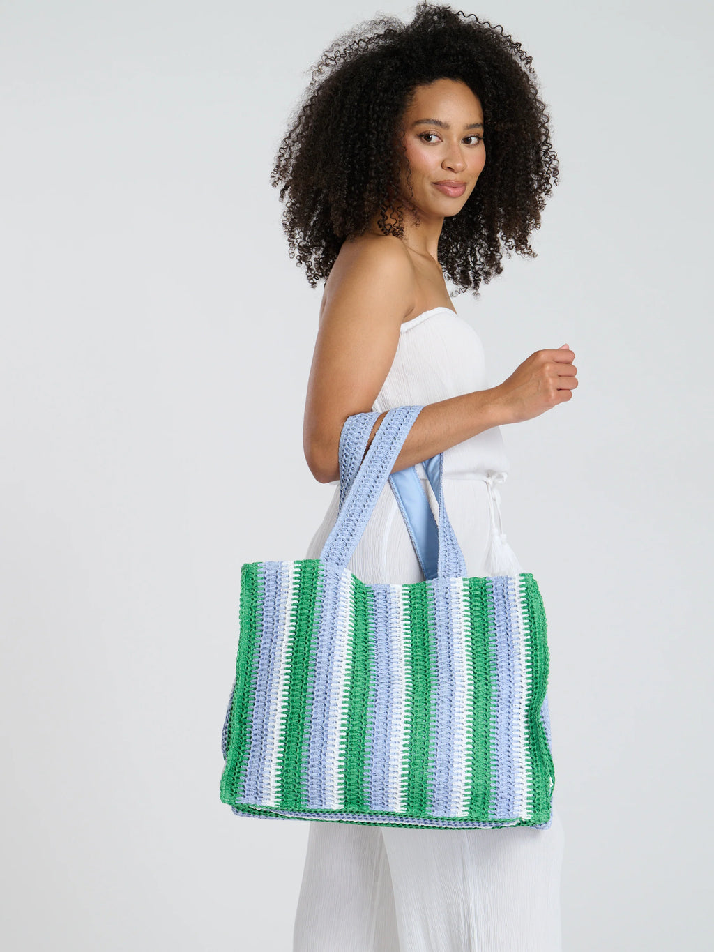 Straw Woven Shoulder Tote Bag in Green & Blue-Pink Waters 