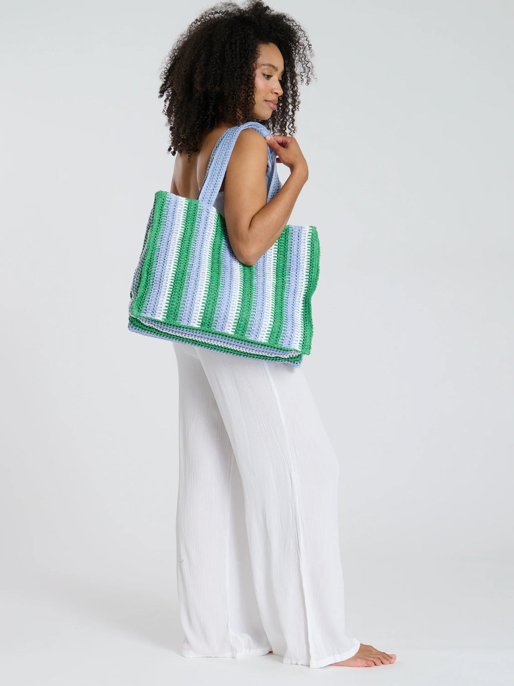 Straw Woven Shoulder Tote Bag in Green & Blue-Pink Waters 