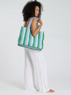 Straw Woven Shoulder Tote Bag in Green & Blue-Pink Waters 