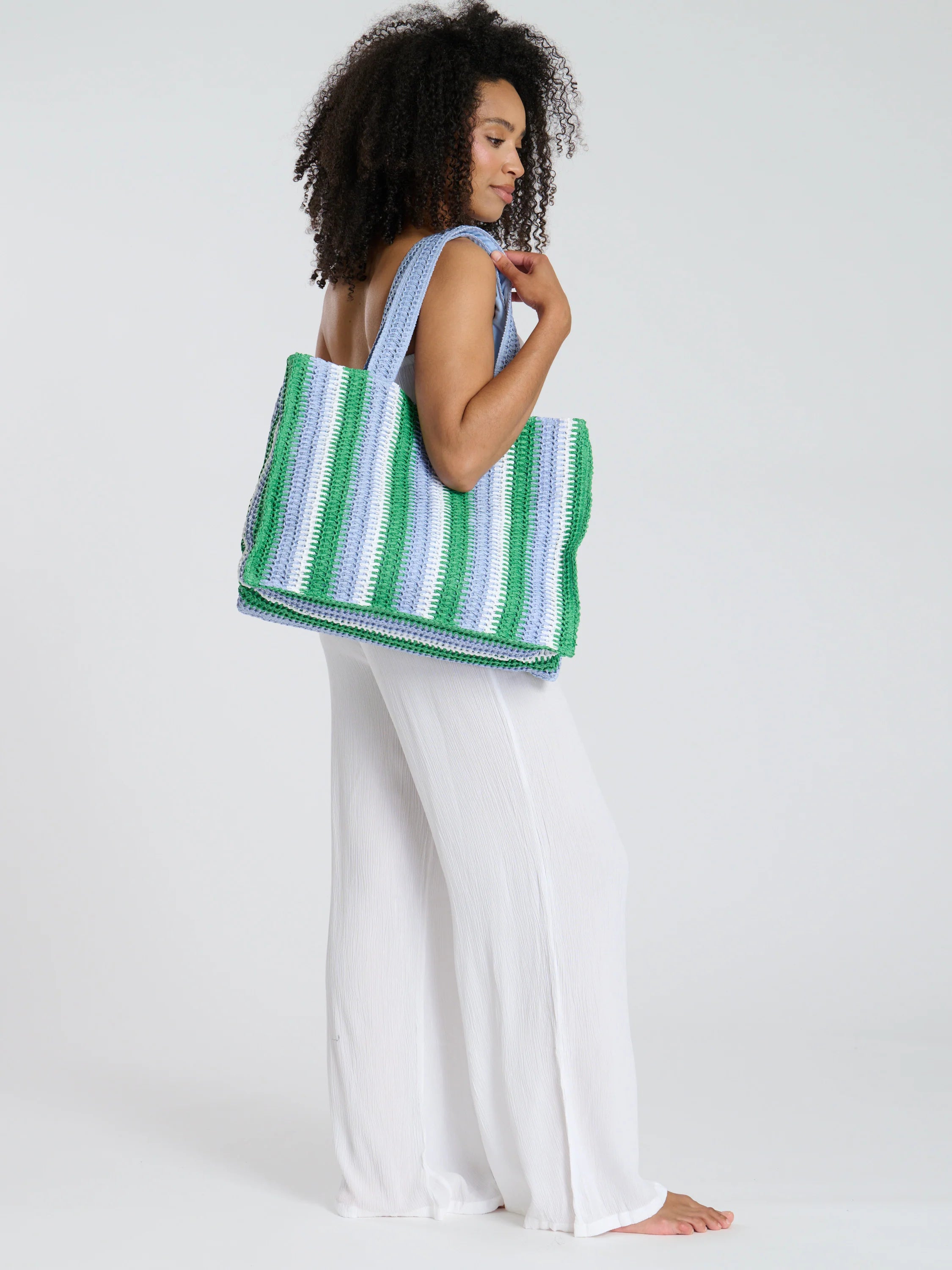 Straw Woven Shoulder Tote Bag in Green & Blue-Pink Waters 