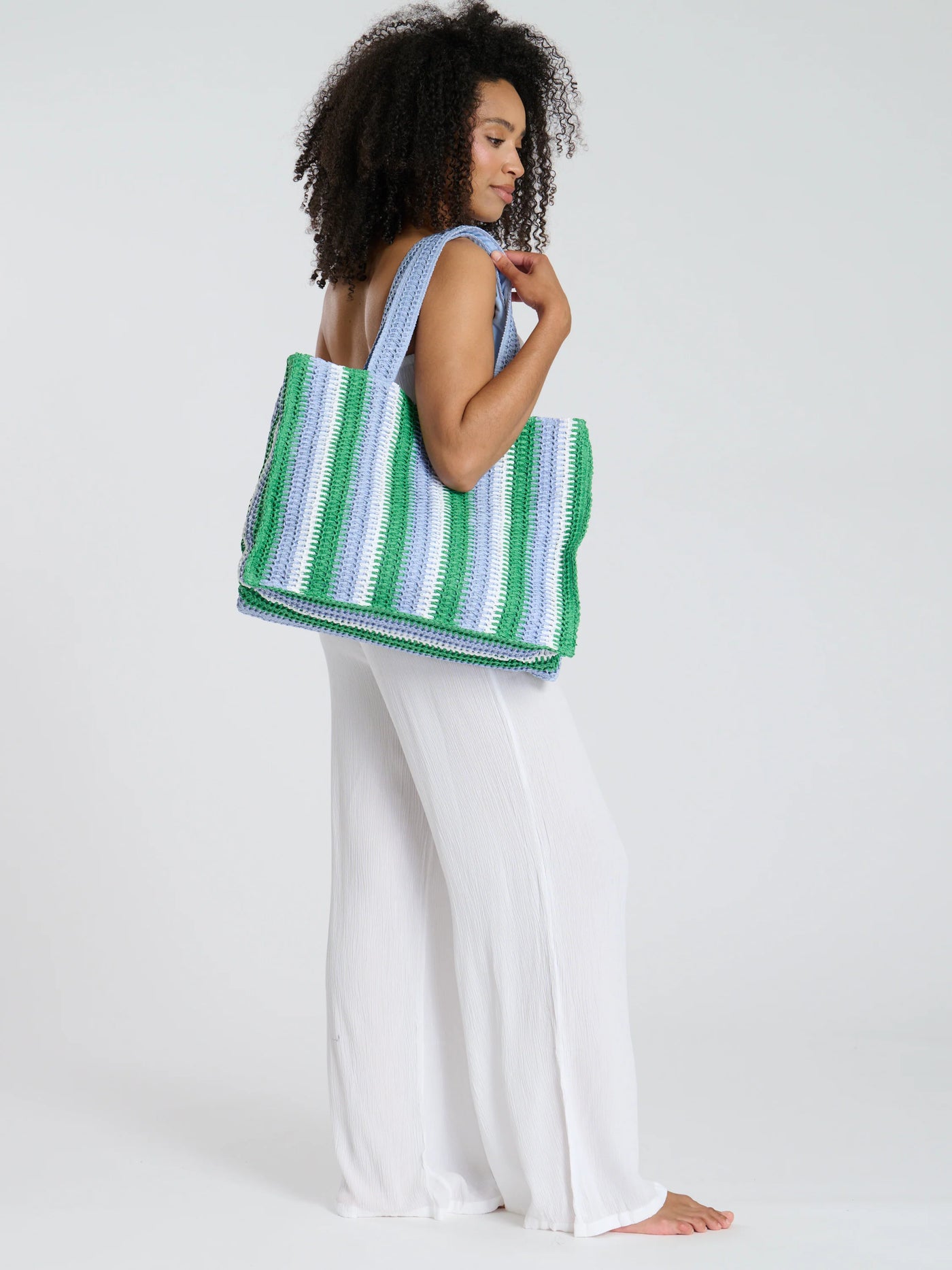 Straw Woven Shoulder Tote Bag in Green & Blue
