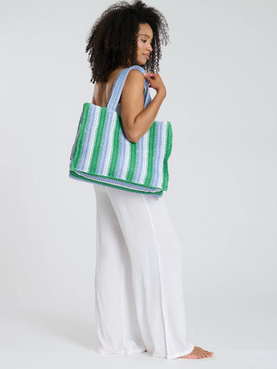 Straw Woven Shoulder Tote Bag in Green & Blue