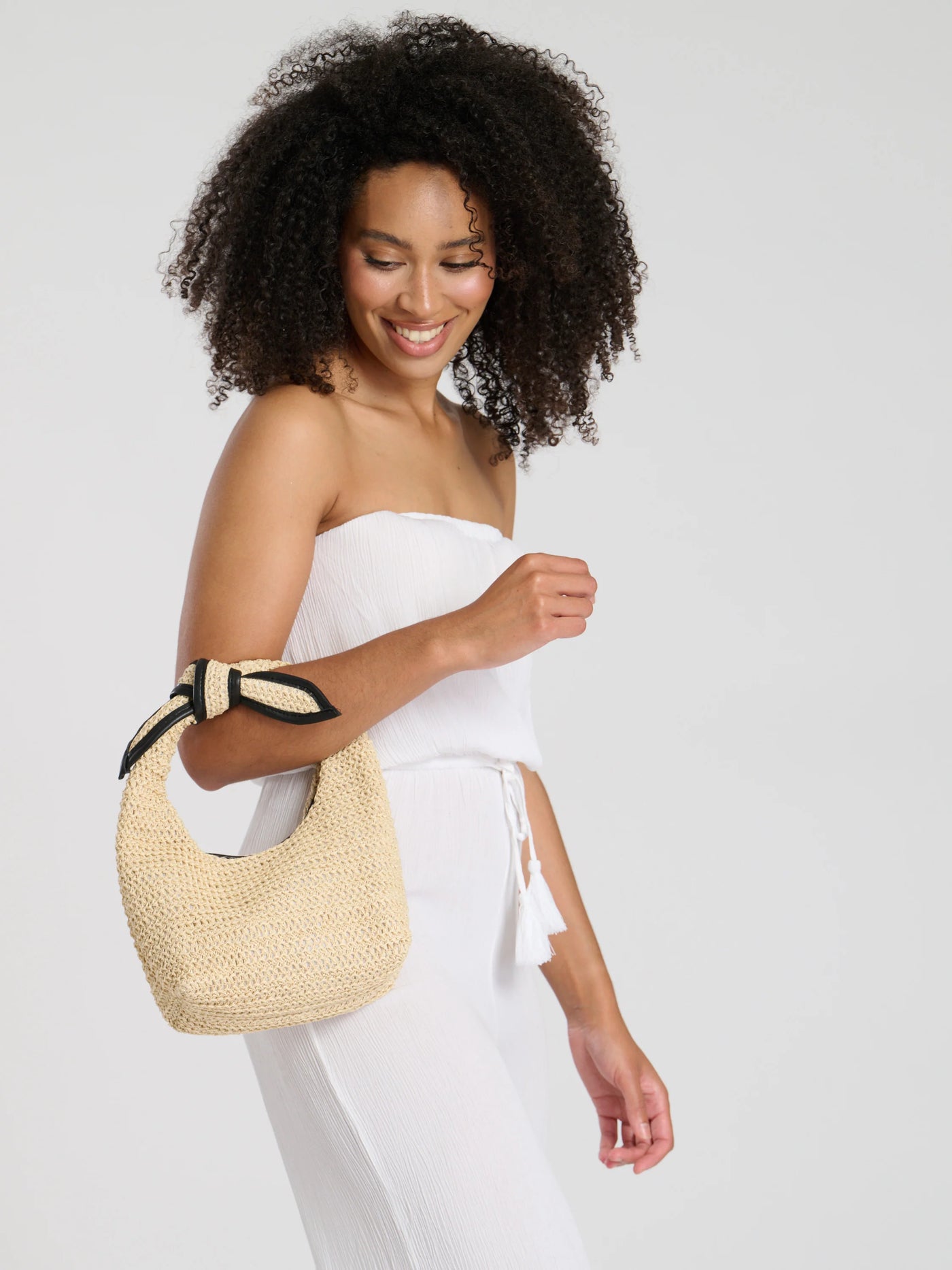 Beige Mini Clutch Bag With Bow Tie