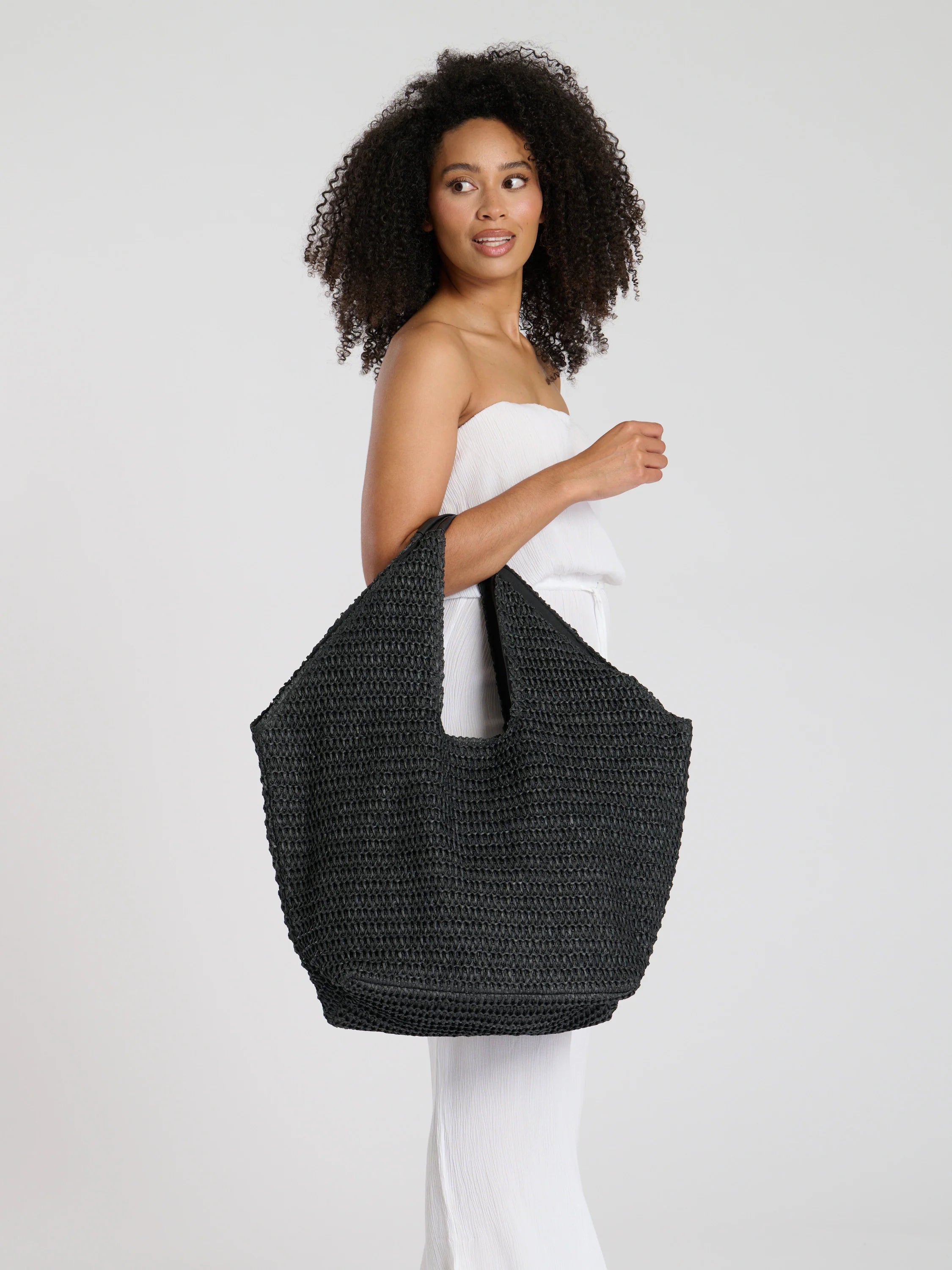 Black Woven Oversized Shoulder Tote Bag-Pink Waters 