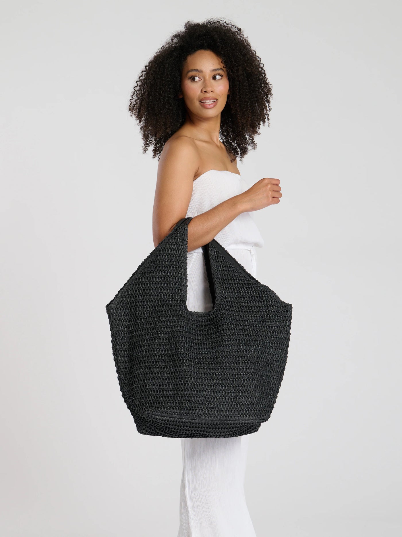 Black Woven Oversized Shoulder Tote Bag