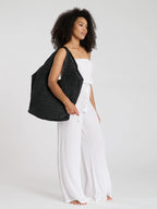 Black Woven Oversized Shoulder Tote Bag-Pink Waters 