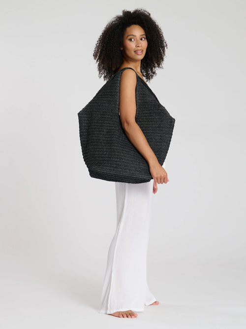 Black Woven Oversized Shoulder Tote Bag-Pink Waters 