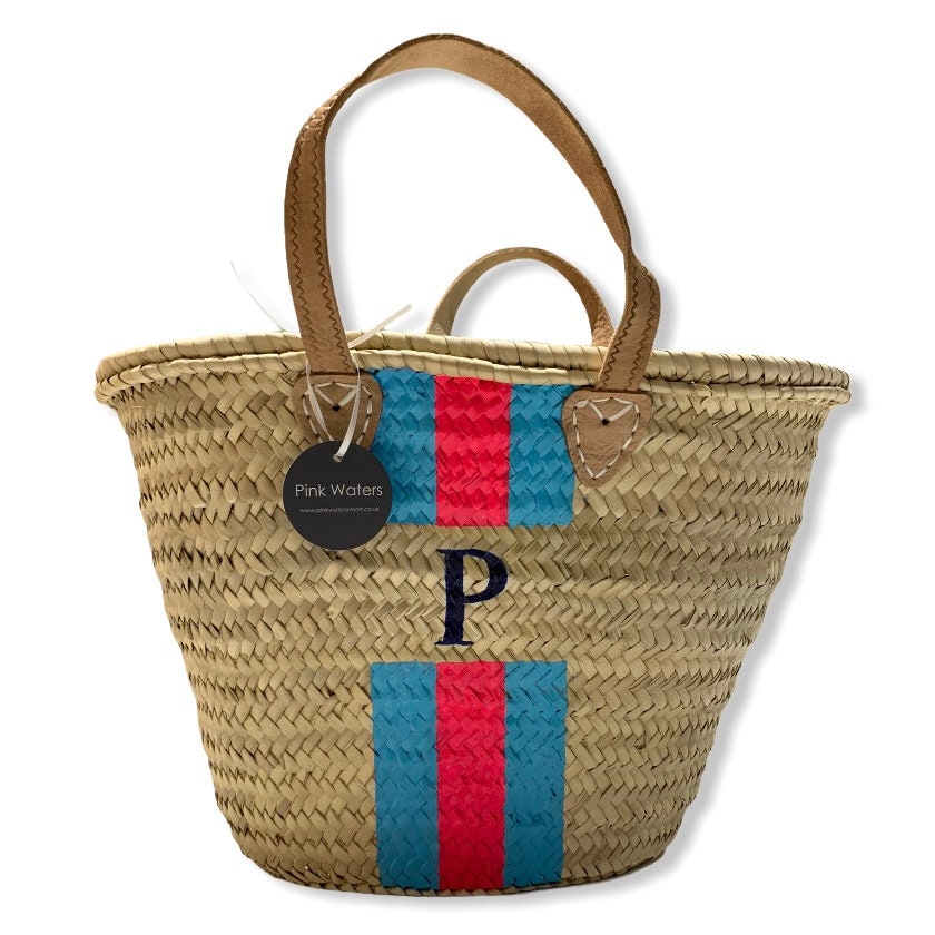 MAYA - Monogrammed Straw Basket-Pink Waters 