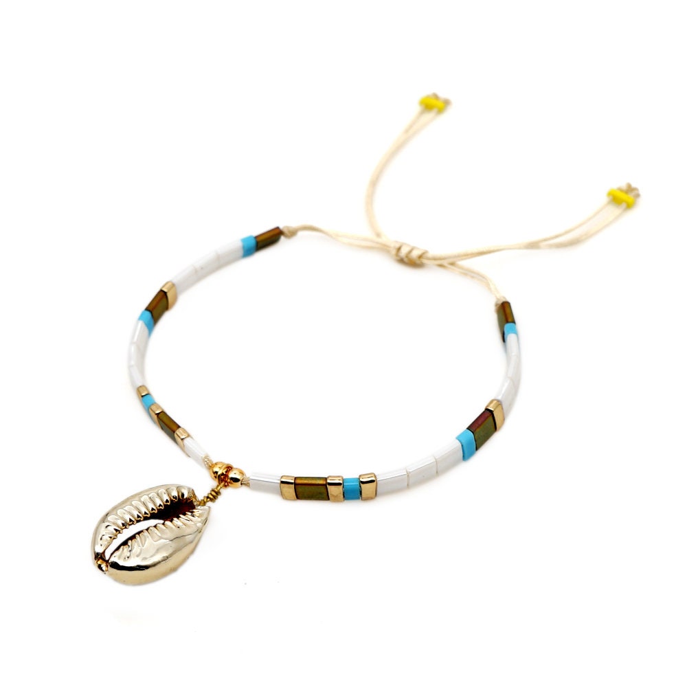 Tile Beaded Japanese Stone Bracelet with Seashell pendant-Pink Waters 