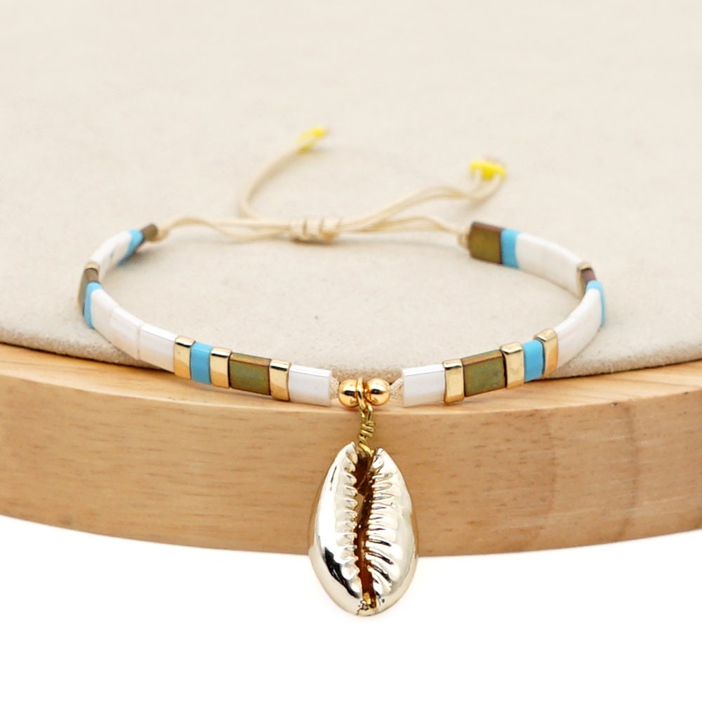 Tile Beaded Japanese Stone Bracelet with Seashell pendant-Pink Waters 