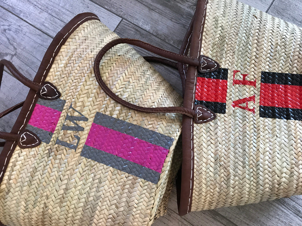 CANNES Monogrammed Straw Basket with Dark Leather Handles-Pink Waters 