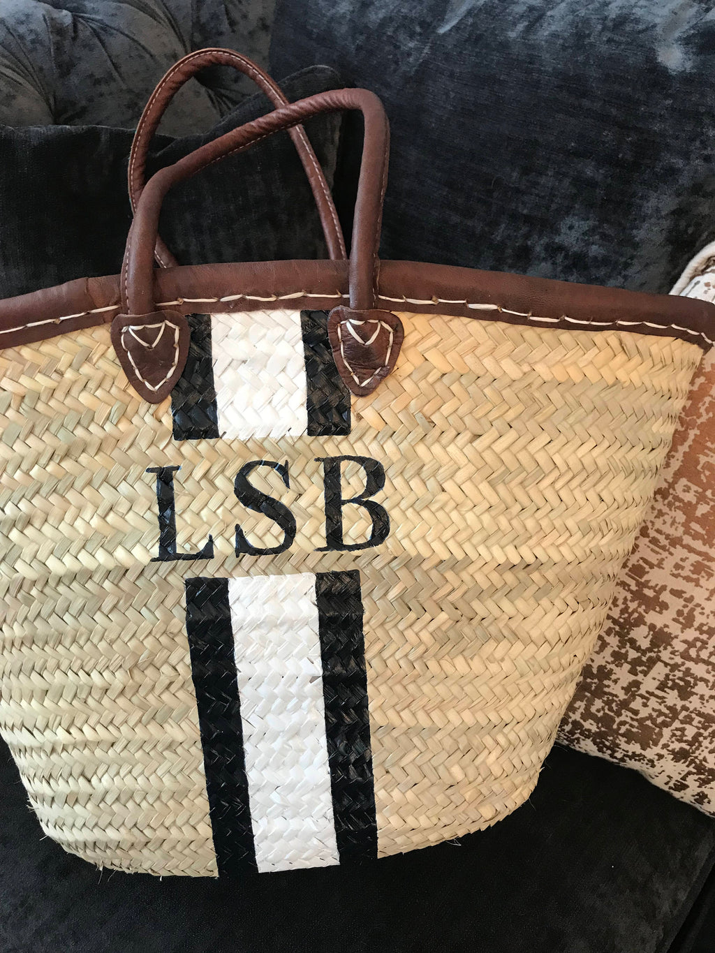CANNES Monogrammed Straw Basket with Dark Leather Handles-Pink Waters 