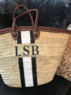 CANNES Monogrammed Straw Basket with Dark Leather Handles-Pink Waters 