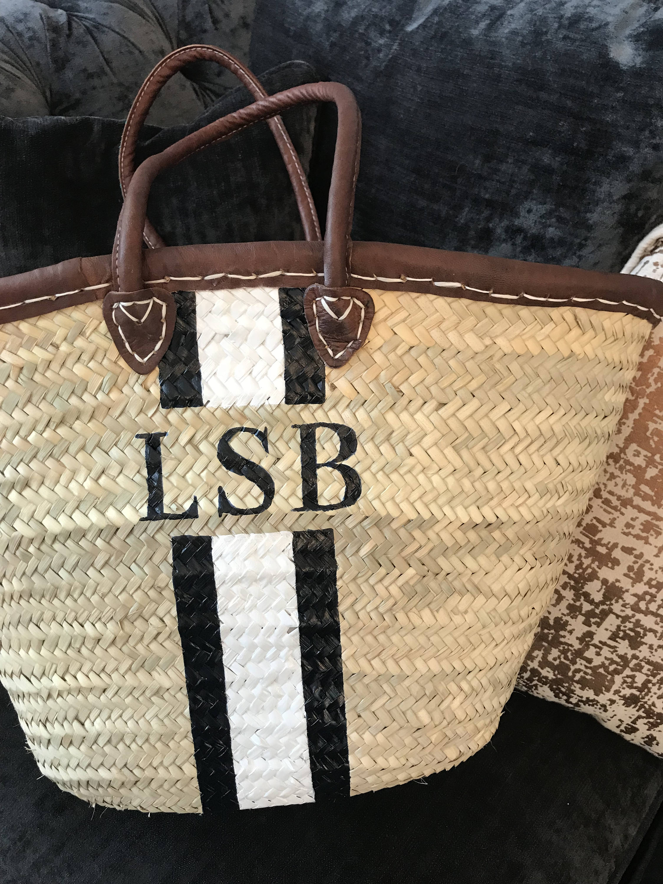 CANNES Monogrammed Straw Basket with Dark Leather Handles-Pink Waters 