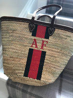 CANNES Monogrammed Straw Basket with Dark Leather Handles-Pink Waters 