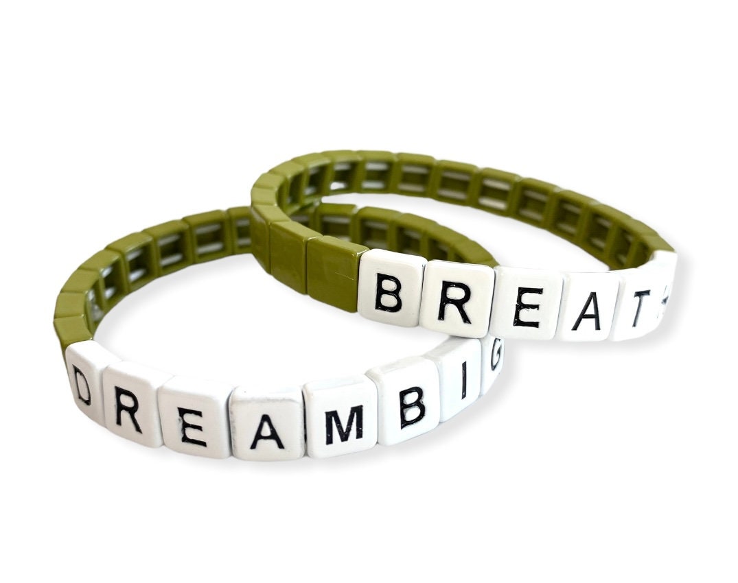 Enamel "DREAM BIG" TILE Stacking Bracelet - Sage-Pink Waters 