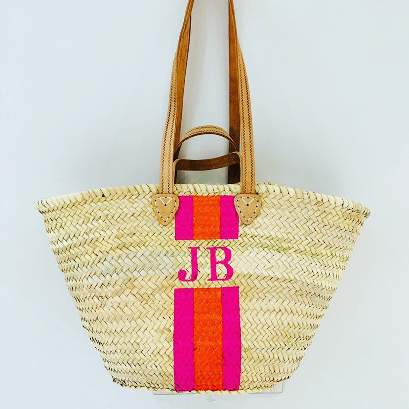 ST TROPEZ Monogrammed Double Handle Straw Basket-Pink Waters 
