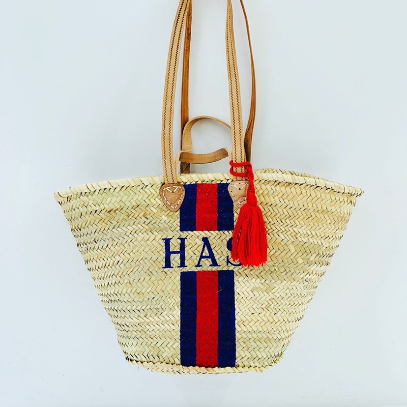ST TROPEZ Monogrammed Double Handle Straw Basket-Pink Waters 