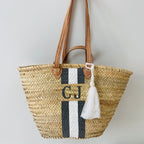 ST TROPEZ Monogrammed Double Handle Straw Basket-Pink Waters 