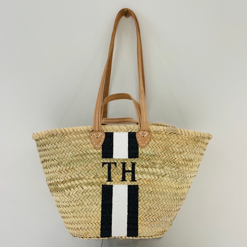 ST TROPEZ Monogrammed Double Handle Straw Basket-Pink Waters 