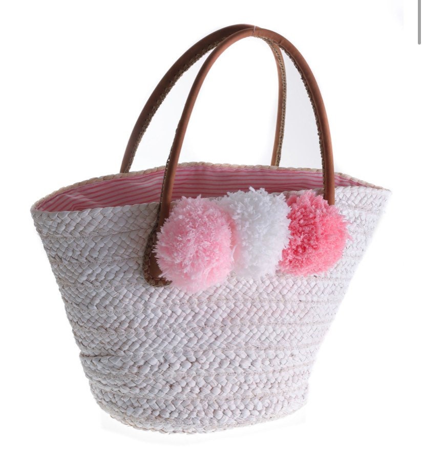 Pom Pom Straw Beach Basket-Pink Waters 