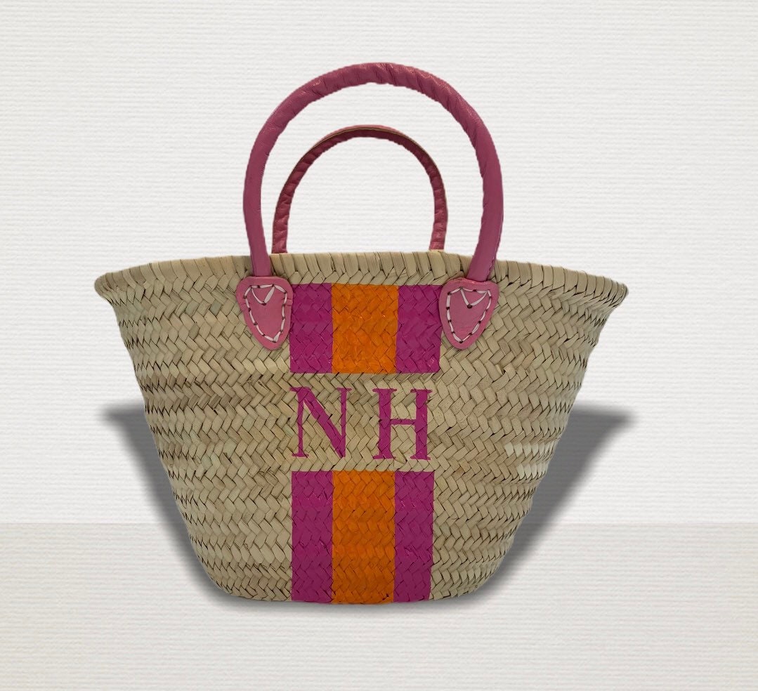 TWEEN - Monogrammed Straw Basket-Pink Waters 
