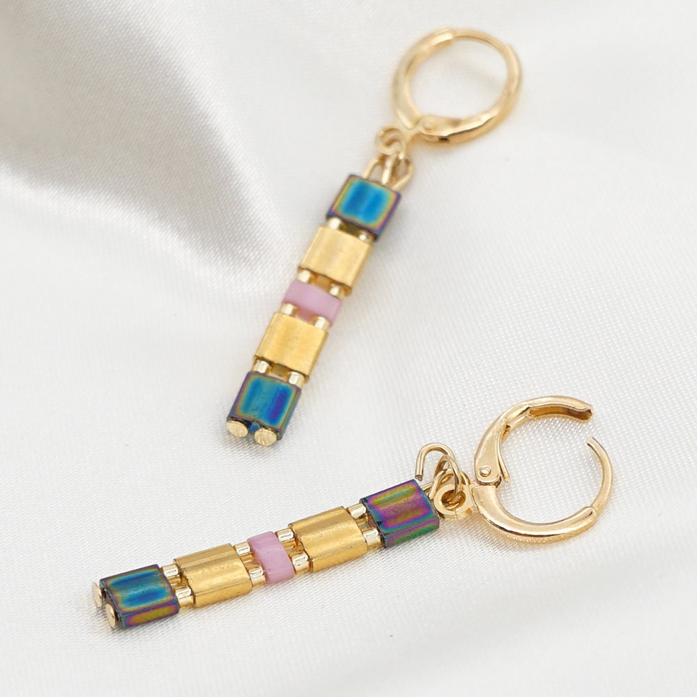 Tile Beaded Japanese Stone Bracelet Earrings-Pink Waters 