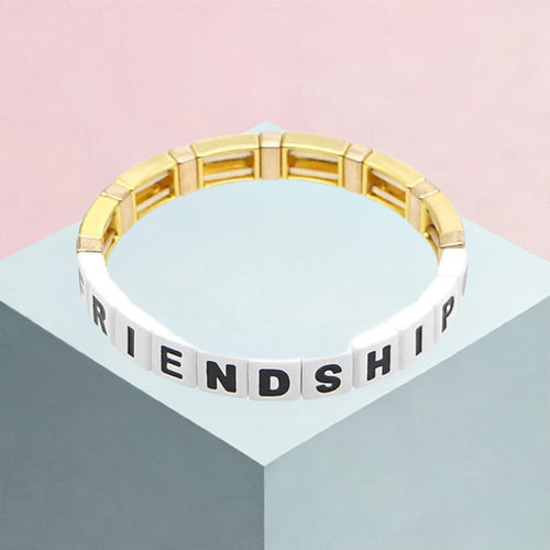 "FRIENDSHIP" Tile Enamel Bracelet - White/Gold-Pink Waters 