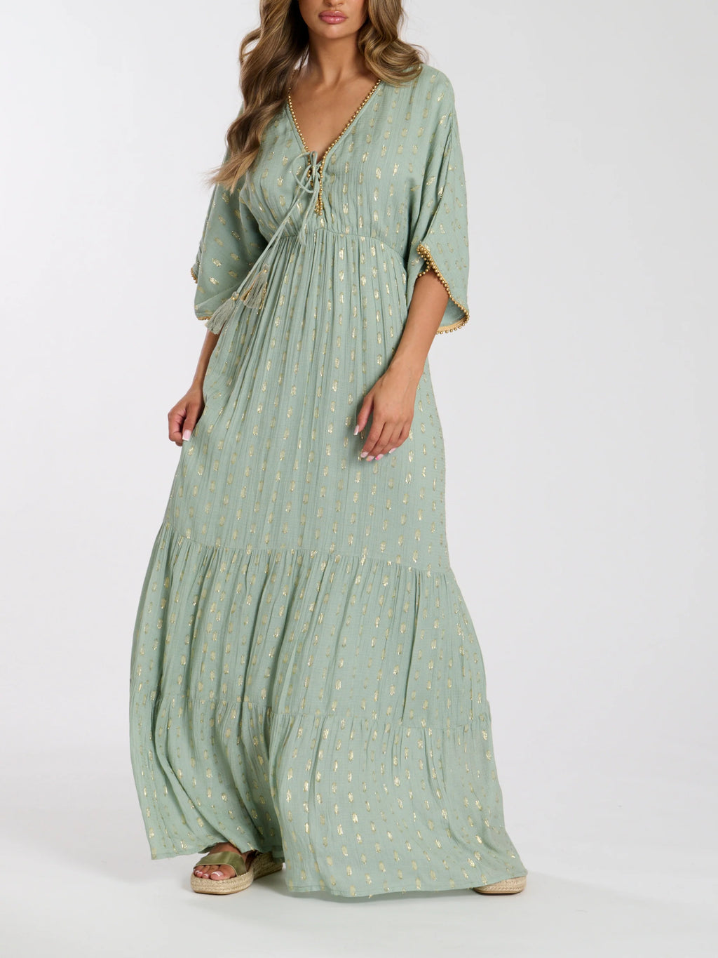 Green Metallic Jacquard Spot Tiered Maxi Dress-Pink Waters 