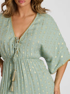 Green Metallic Jacquard Spot Tiered Maxi Dress-Pink Waters 