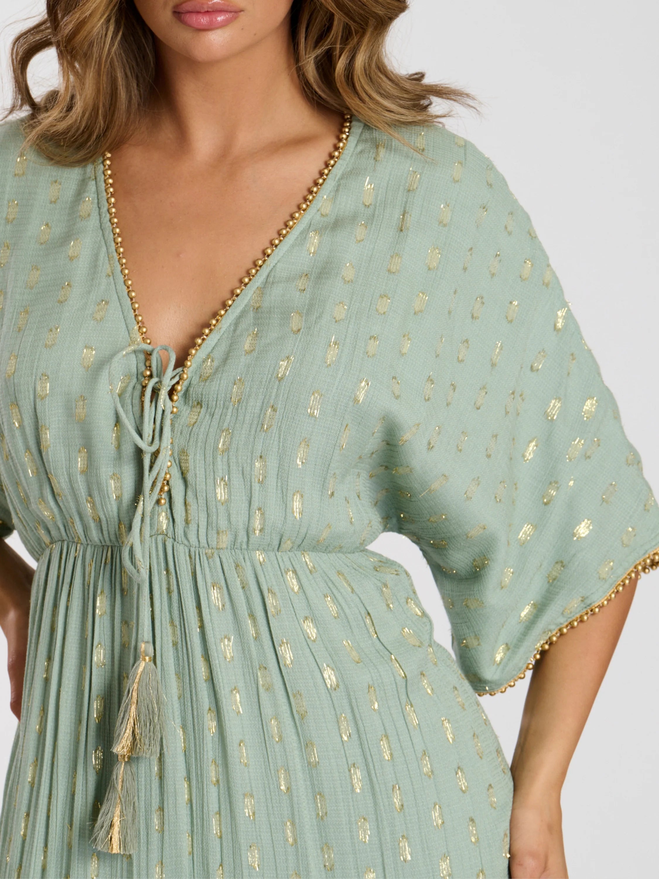 Green Metallic Jacquard Spot Tiered Maxi Dress-Pink Waters 