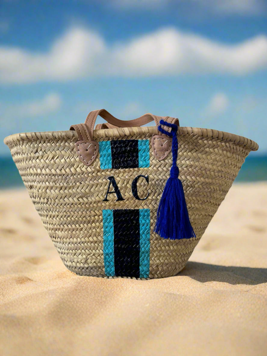 ST TROPEZ Monogrammed Double Handle Straw Basket-Pink Waters 
