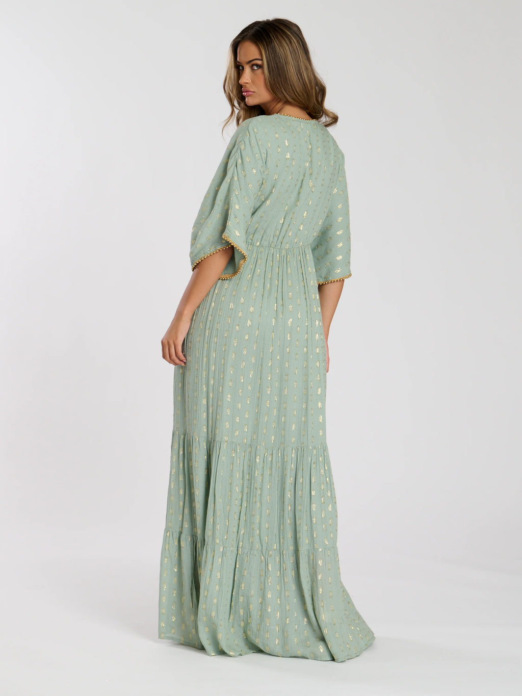 Green Metallic Jacquard Spot Tiered Maxi Dress-Pink Waters 