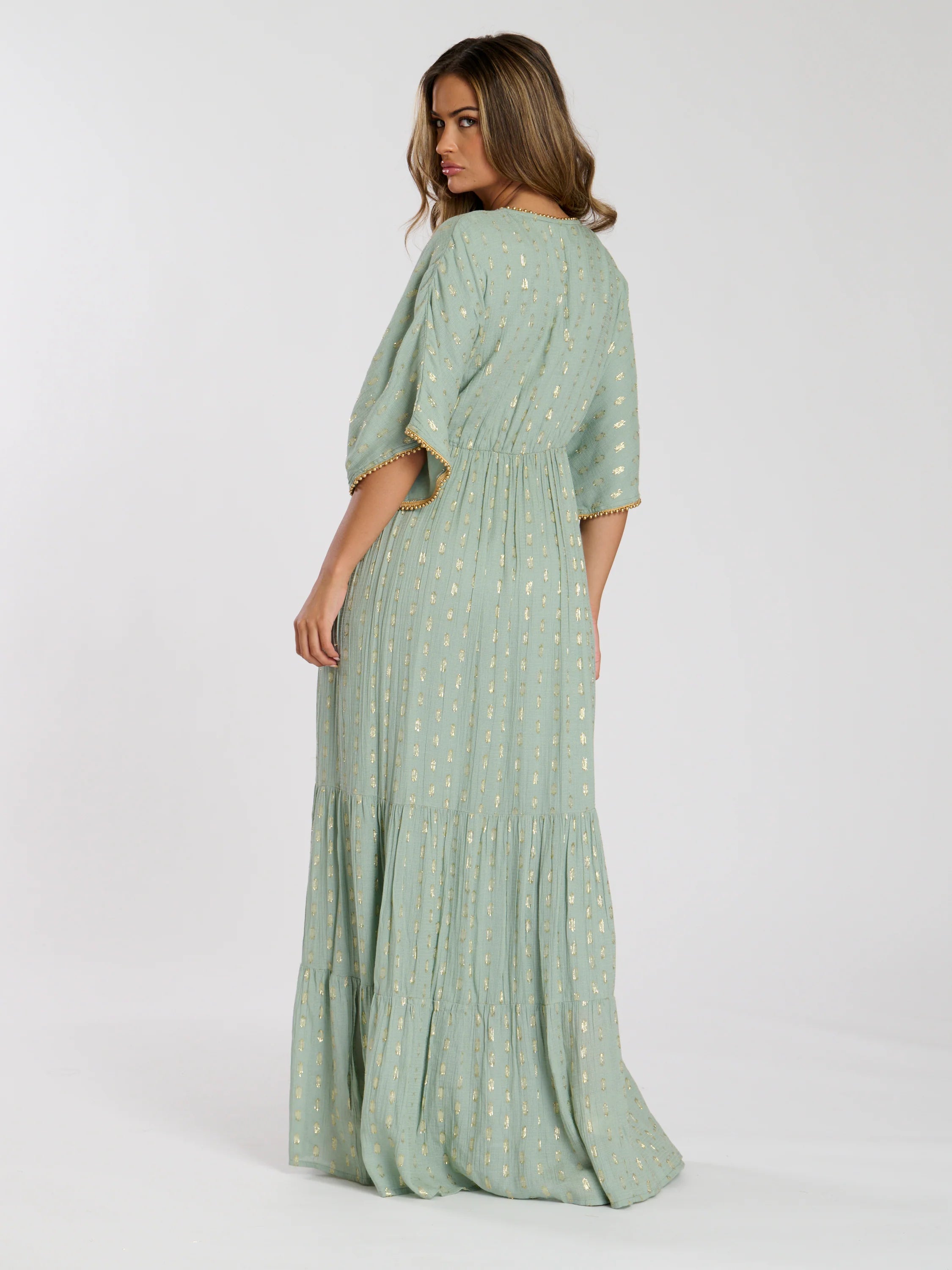 Green Metallic Jacquard Spot Tiered Maxi Dress-Pink Waters 